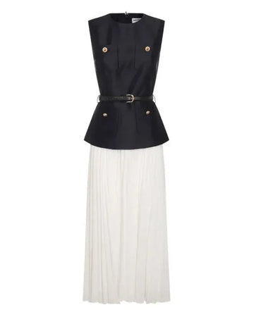 MQTIME  -  Casual Patchwork Pleated Dress Women Office Sashes O-neck Sleeveless Button Dresses Female 2025 Summer Fall Evening Robes Lady